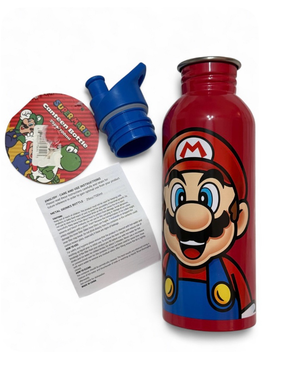 NWT Nintendo Red Mario Stainless Steel Water Bottle with Blue Lid 25 oz